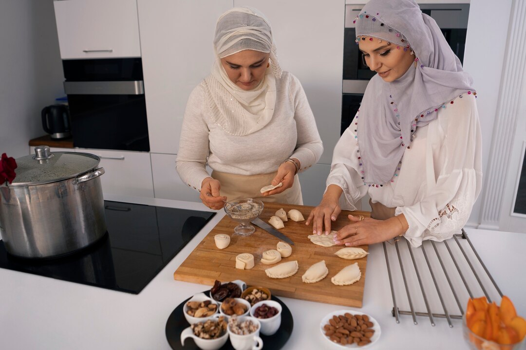 Traditional Omani grandmother teaching cooking in authentic kitchen setting